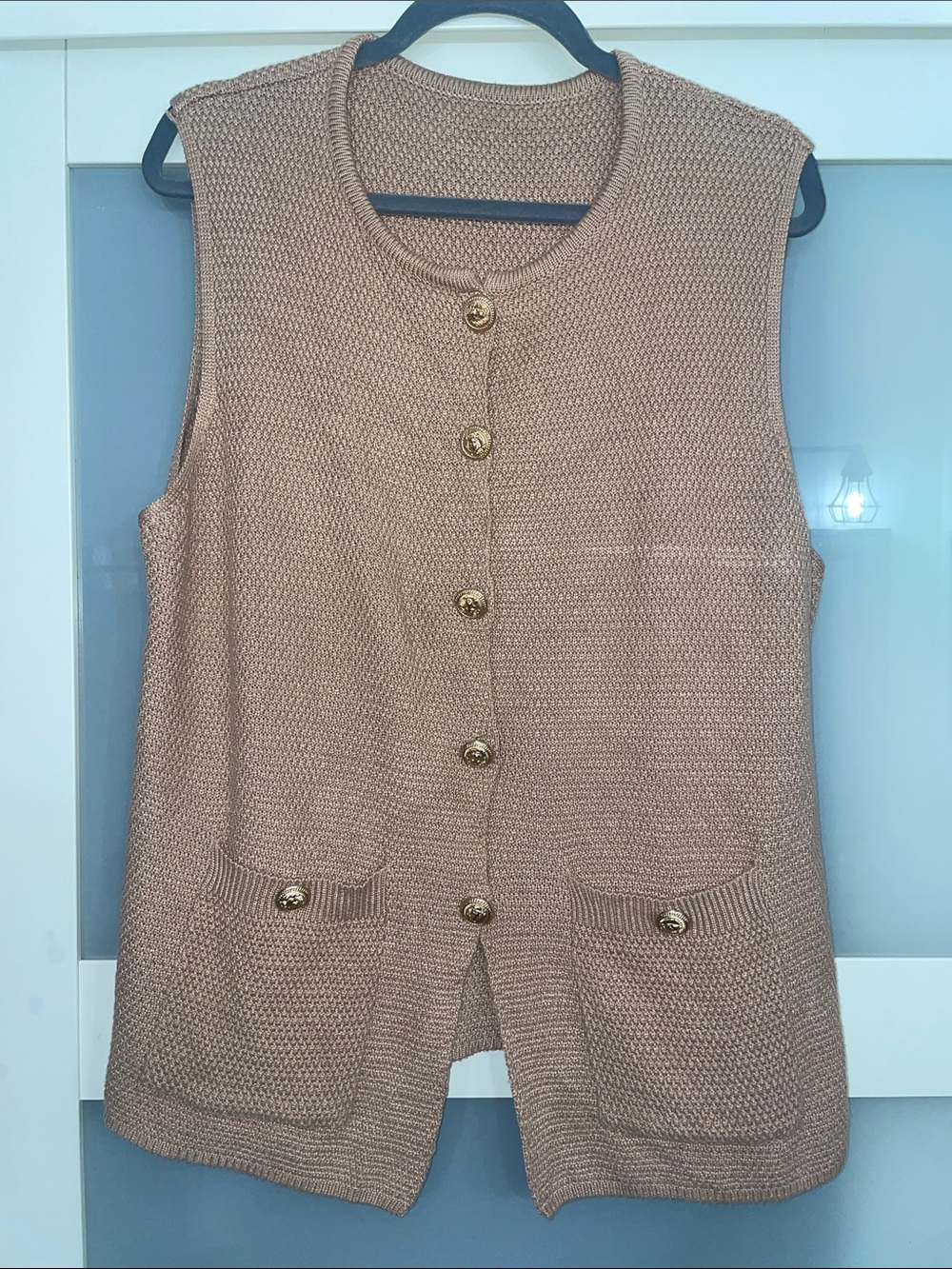 Sleeveless Knit Cardigan Vest with Gold Buttons - Taupe
